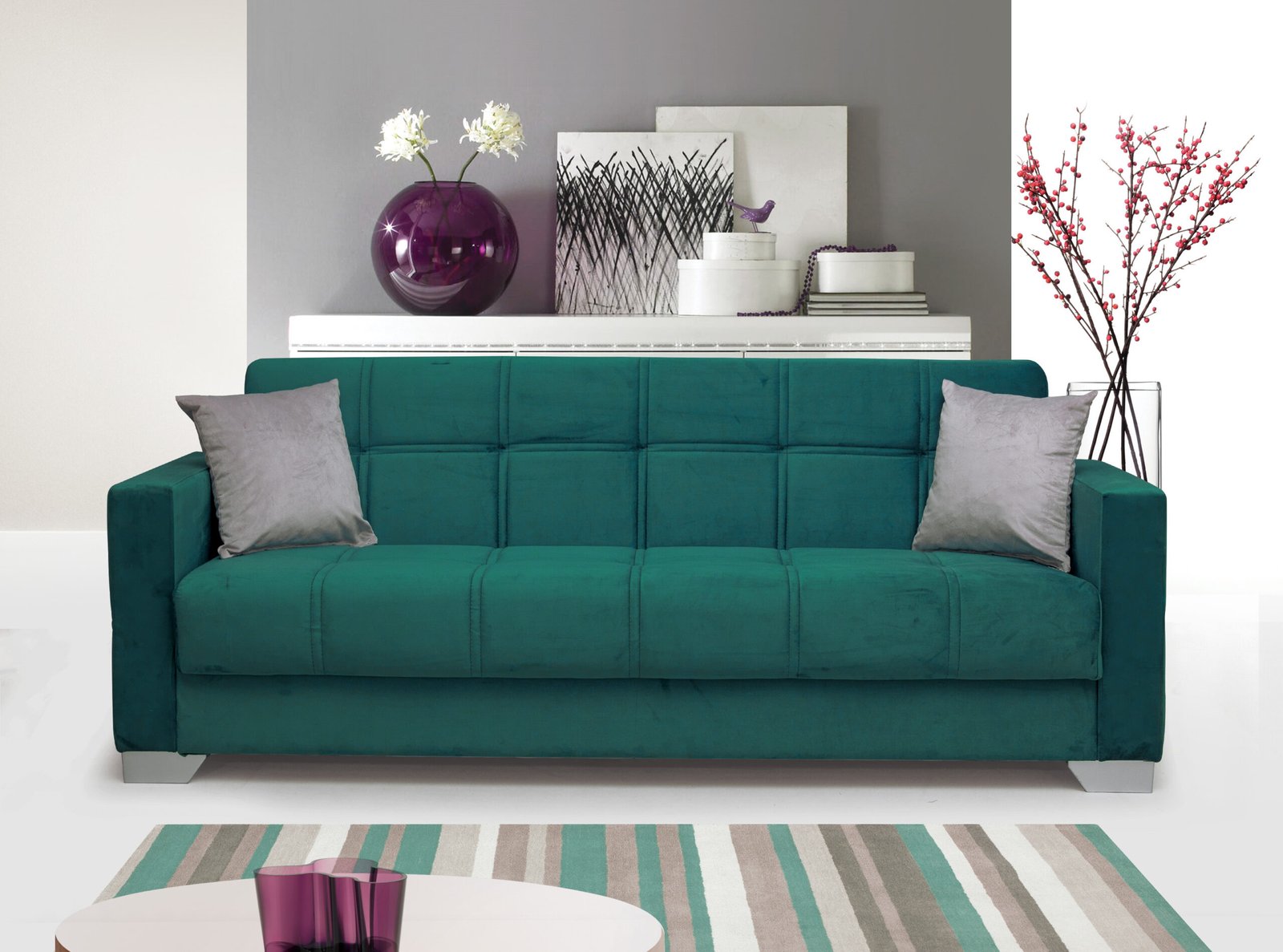 Montreal Emerald Green Plush Velvet Sofa Bed with Grey Pillows