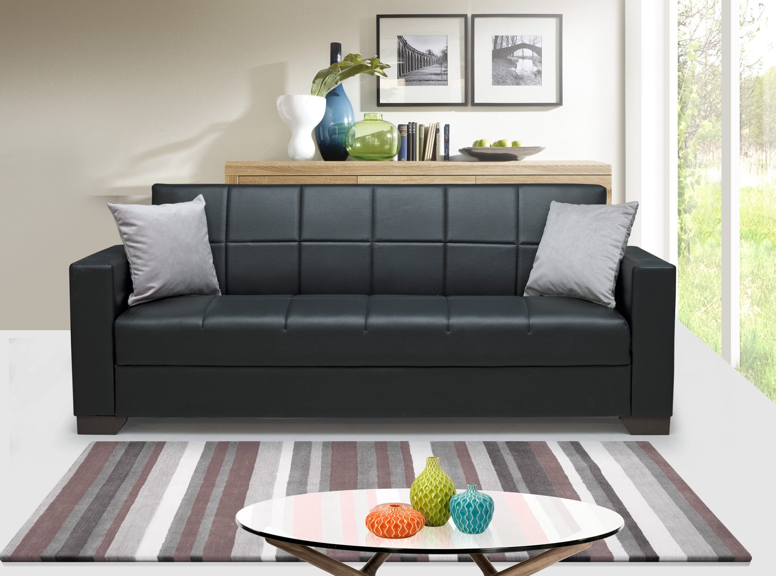 Vermont Black Leather Sofa Bed with Grey Pillows