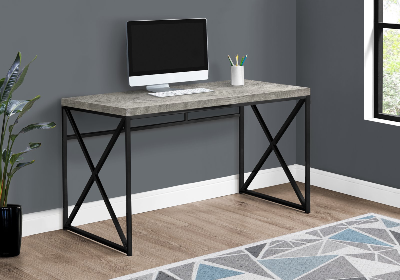 Grey Wood Effect Desk with Black Steel Legs